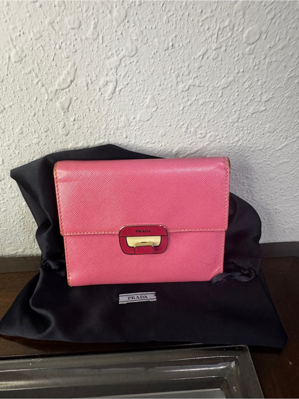Prada Pink Saffiano Leather Wallet with Gold-Tone Clasp with COA and Dust Bag